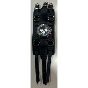 Avaner Mens Retro Steampunk Hip-hop Gothic Black 74mm Wide Leather Cuff Bracelet